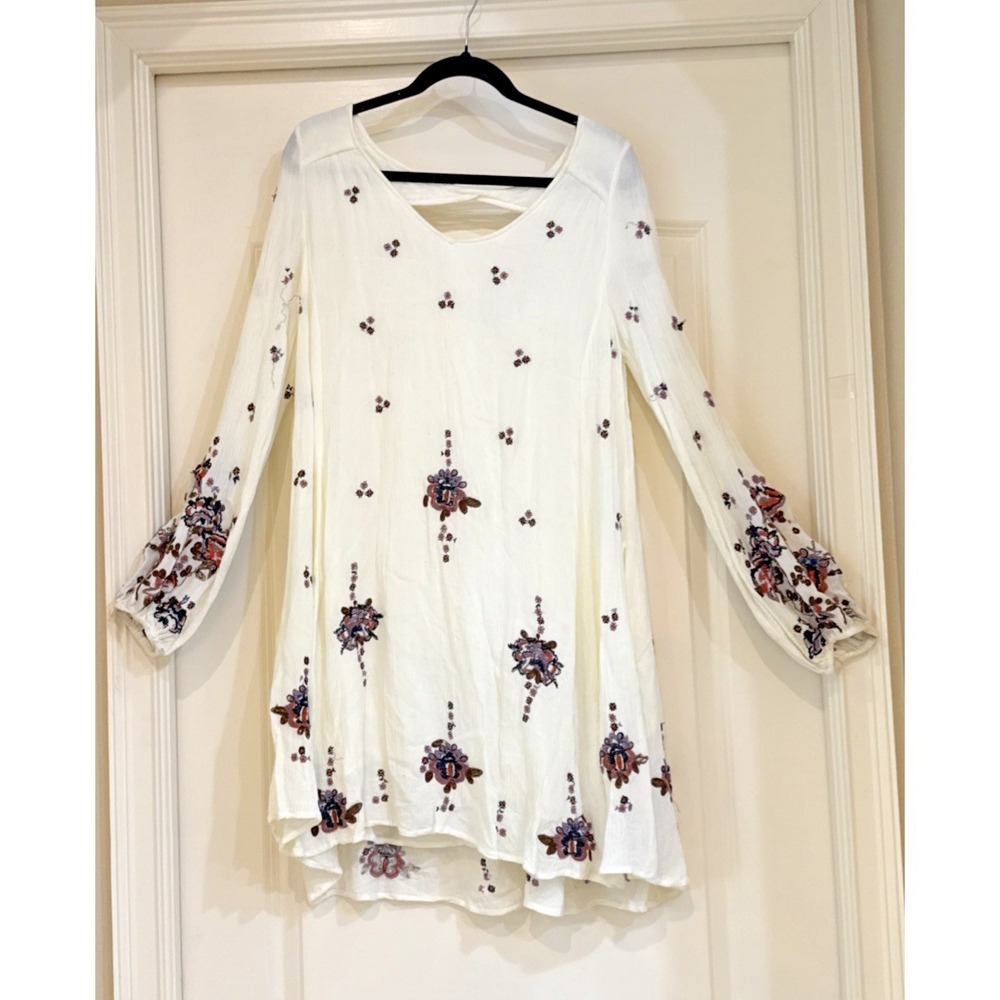 Free People Long Sleeve Gauze Mini Dress Festival Embroidered Hi Low Hem Sz M